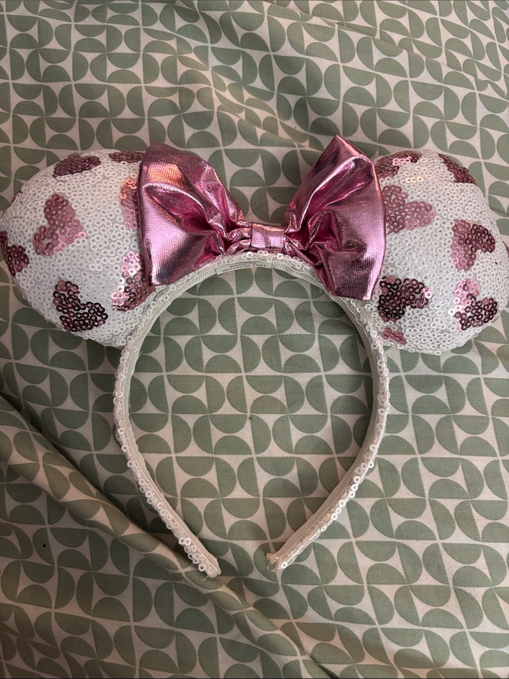 Minnie Mouse Sequin White & Pink Mouse Ear Headband with Metallic Pink Bow -